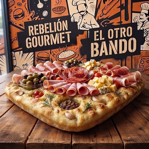 Picada sobre focaccia artesanal comestible