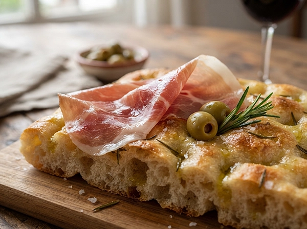 Diagrama de picada sobre focaccia artesanal — fiambres, quesos y pan comestible